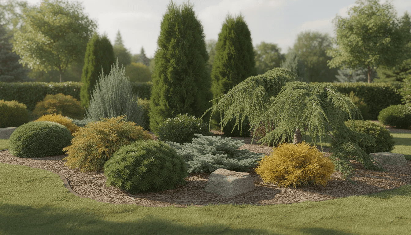 Ogród z różnorodnymi krzewami iglastymi, w tym sosnami, jodłami i cyprysikami, prezentuje piękne kolory i kształty, idealne do małych ogrodów. Rośliny te, odporne na niskie temperatury, tworzą gęste żywopłoty, które zachwycają przez cały rok.