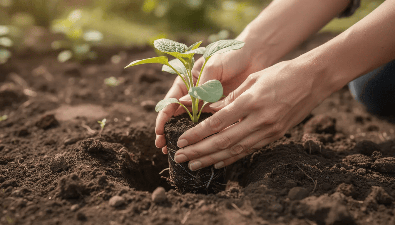 Na zdjęciu widać ręce sadzące sadzonkę nawłoci w przygotowanej glebie ogrodowej. Roślina ta, znana z właściwości miododajnych i ozdobnych, ma żółte kwiaty i jest łatwa w uprawie, co czyni ją popularnym wyborem w ogrodach.