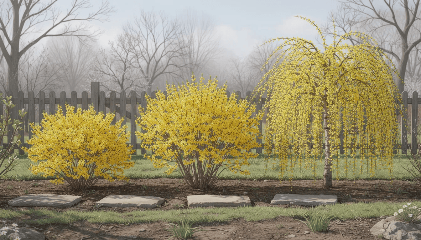 Na obrazie widoczne są trzy odmiany forsycji o różnej wysokości, które kwitną wczesną wiosną, pokrywając się obficie żółtymi kwiatami. Krzewy te są otoczone zimozielonymi roślinami ozdobnymi, tworząc efektowny widok w ogrodzie.