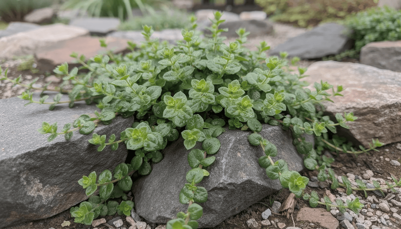 Na skalniku rośnie zdrowa tojeść rozesłana, charakteryzująca się żółtymi kwiatami i płożącymi pędami. Roślina ta doskonale sprawdza się w ogrodach naturalistycznych, preferując wilgotne podłoże i częściowe zacienienie.