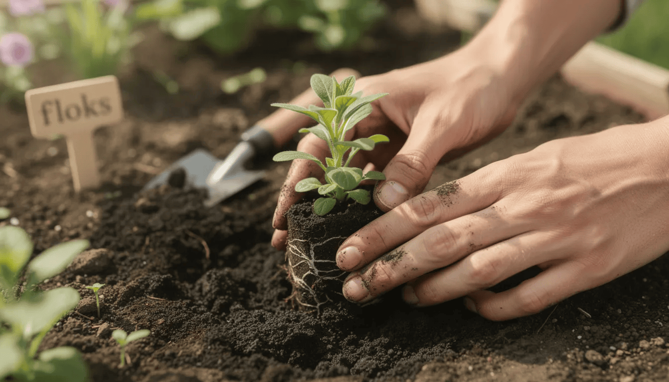 Obrazek przedstawia ręce sadzące sadzonkę floksa wiechowatego w przygotowaną glebę ogrodową, co jest ważnym zabiegiem pielęgnacyjnym dla tych pachnących kwiatów. W tle widać inne rośliny, co podkreśla piękno ogrodu i różnorodność roślin kwitnących.