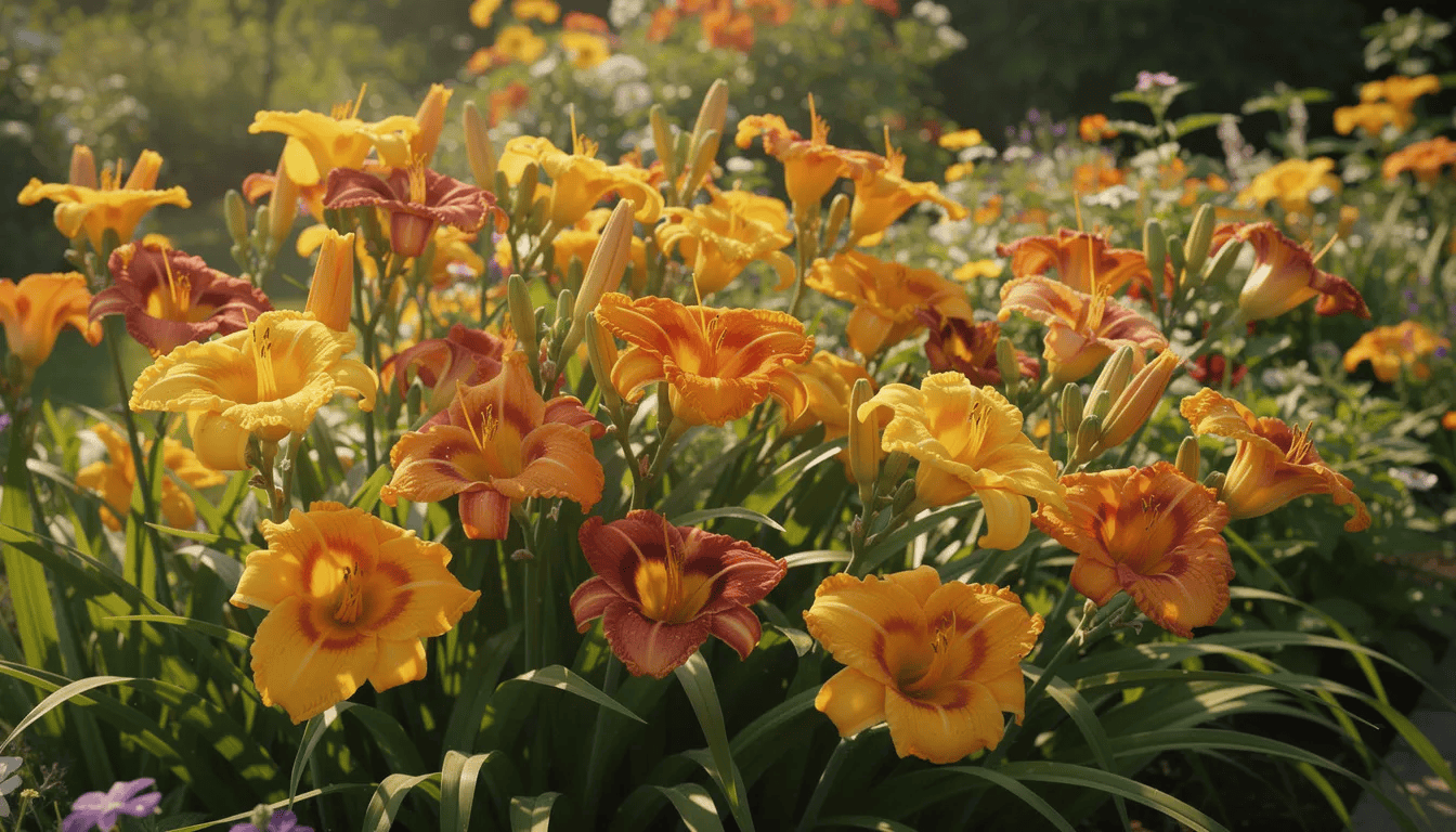 W kolorowym ogrodzie rosną liliowce w różnych odcieniach żółci, pomarańczu i czerwieni, tworząc gęste kępy. Kwiaty liliowców otaczają sztywne pędy kwiatowe, a ich delikatny zapach unosi się w powietrzu, przyciągając uwagę miłośników ogrodnictwa.