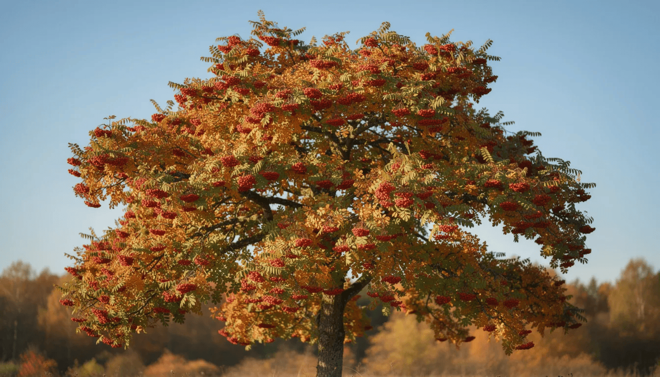 Na obrazie widoczne jest dojrzałe drzewo jarzębu pospolitego, obficie obciążone czerwonymi owocami jarzębiny, na tle błękitnego nieba w jesiennej scenerii. Owoce te, dekoracyjne i jadalne, kontrastują z zielonymi, pierzastymi liśćmi drzewa.