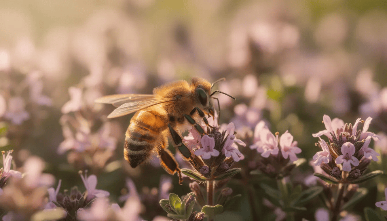 Na obrazku widoczna jest pszczoła zbierająca nektar z różowych kwiatów macierzanki w słonecznym ogrodzie. Kwiaty te, charakterystyczne dla roślin ozdobnych, tworzą obfite kwiatostany, a ich intensywny zapach przyciąga owady zapylające.