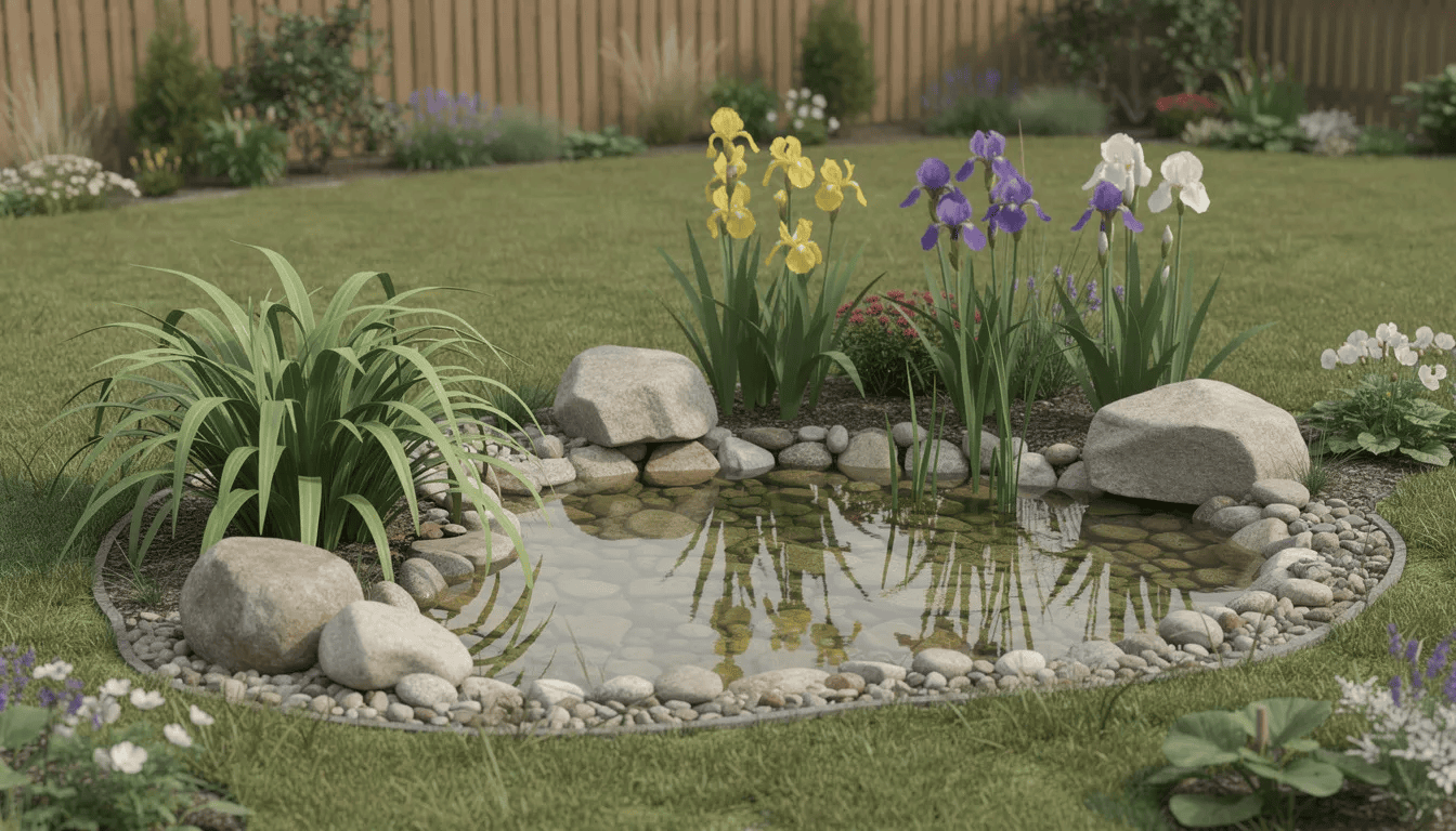 Na obrazku przedstawione jest małe oczko wodne w przydomowym ogrodzie, otoczone kępami tataraku zwyczajnego i kosaćców, a także dekoracyjnymi kamieniami. Rośliny te, charakterystyczne dla brzegów zbiorników wodnych, dodają naturalnego uroku i są znane ze swoich właściwości leczniczych.