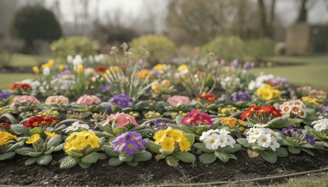 Na pierwszym planie wielowarstwowej rabaty znajdują się kolorowe prymulki, w tym pierwiosnek bezłodygowy i pierwiosnek lekarski, które kwitną wczesną wiosną. W tle widać różne gatunki roślin, tworzące piękną kompozycję w ogrodzie.