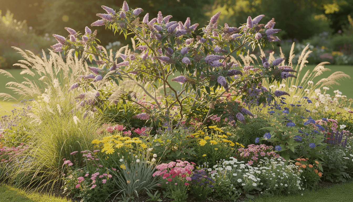 Na kolorowej rabacie w pełnym słońcu rośnie budleja dawida, znana jako motyli krzew, otoczona przez ozdobne trawy i byliny. Kwiaty budlei w intensywnych kolorach przyciągają motyle i inne owady zapylające, tworząc piękny widok w letnim ogrodzie.