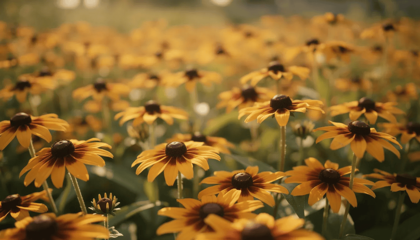 Na obrazie znajduje się pole kwitnących rudbekii z intensywnie żółtymi płatkami i ciemnymi, brązowymi środkami, otoczone zielonymi, skórzastymi liśćmi. Kwiaty te rosną w słonecznym ogrodzie, tworząc gęste kępy, które przyciągają owady zapylające.