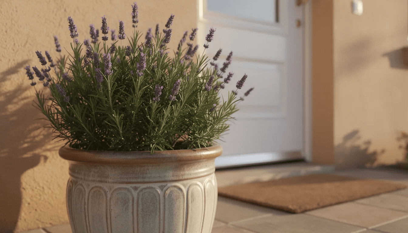 Na zdjęciu znajduje się elegancka doniczka z lawendą i rozmarynem, umieszczona przy wejściu do domu. Te zioła lecznicze nie tylko pięknie wyglądają, ale także mają korzystny wpływ na zdrowie, wspierając układ odpornościowy i działając przeciwzapalnie.