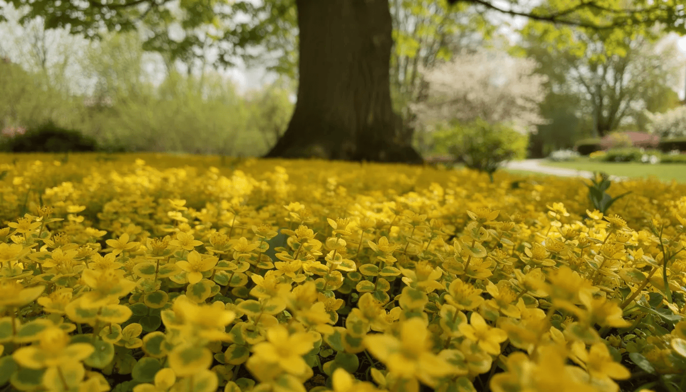 Na obrazie widoczna jest złocista tojeść rozesłana, tworząca gęsty kobierzec pod drzewem liściastym. Jej żółte liście i pędy rozciągają się w wilgotnym podłożu, tworząc atrakcyjną roślinę okrywową w półcienistym stanowisku.