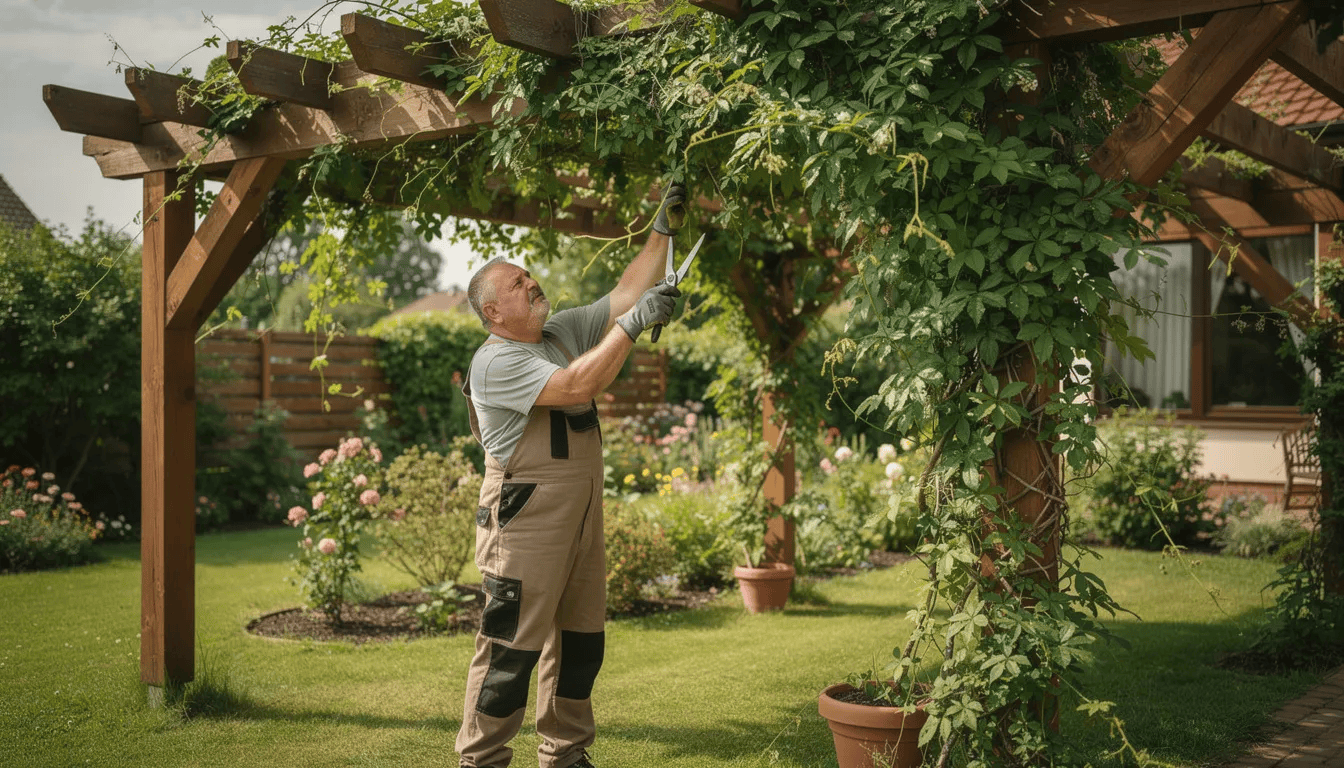 Na obrazku widzimy ogrodnika przycinającego pnącze rdestu auberta, które rośnie na drewnianej pergoli. Ogrodnik wykonuje cięcie odmładzające, aby wspierać szybki wzrost rośliny i ograniczać jej rozprzestrzenianie się.