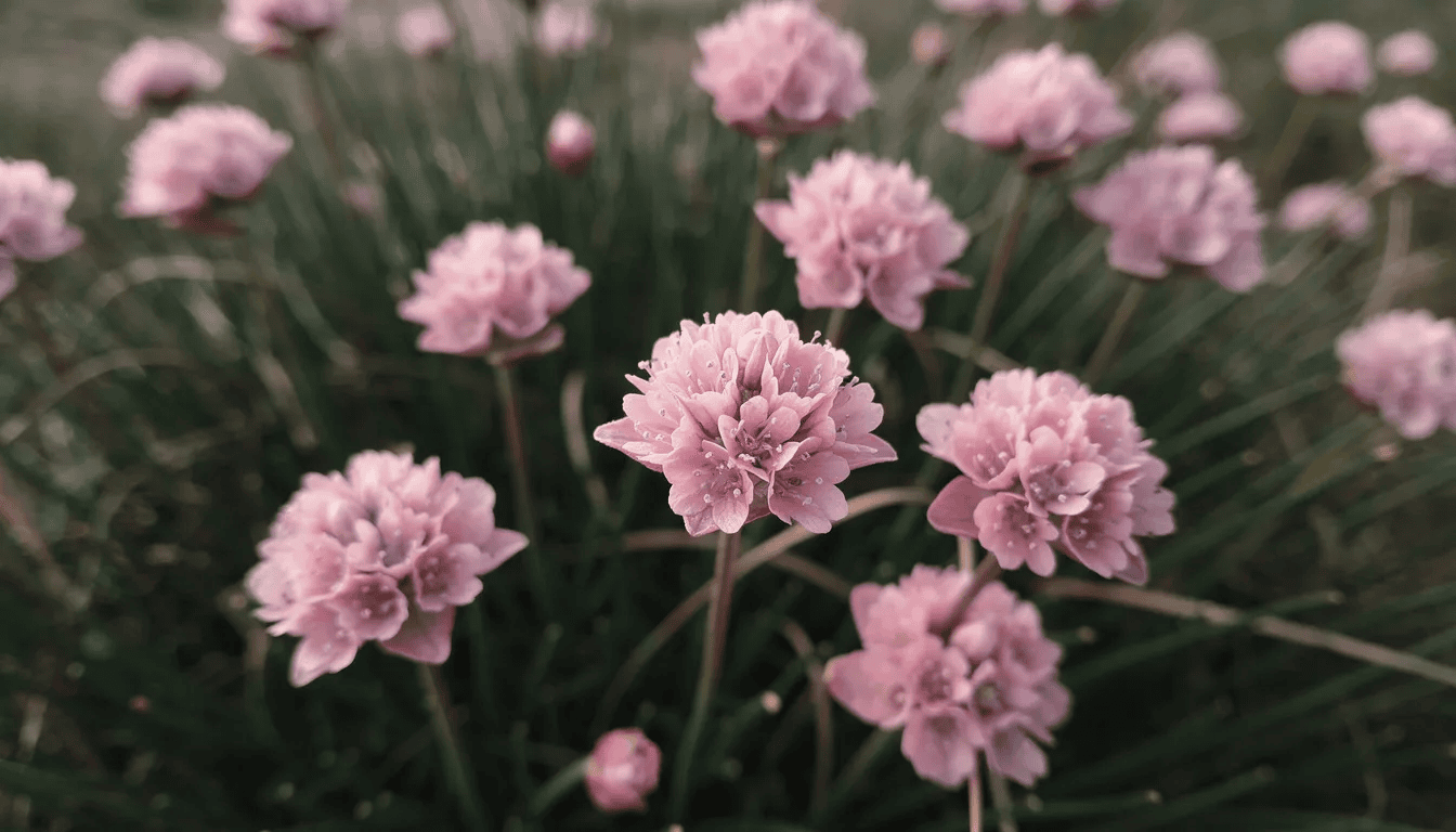Na obrazie widoczne są kuliste różowe kwiatostany zawciągu nadmorskiego, które wyrastają z gęstych, ciemnozielonych, trawiastych liści. Rośliny te, znane jako armeria maritima, tworzą zwarte kępy, które doskonale nadają się do dekoracji ogrodów skalnych.