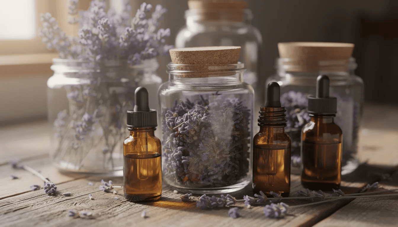 Na drewnianym stole znajdują się szklane słoiki wypełnione suszonymi kwiatami lawendy wąskolistnej oraz małe buteleczki z olejkiem lawendowym, które emanują przyjemnym zapachem. Obok można dostrzec drobne detale, które podkreślają naturalny urok tych roślin.
