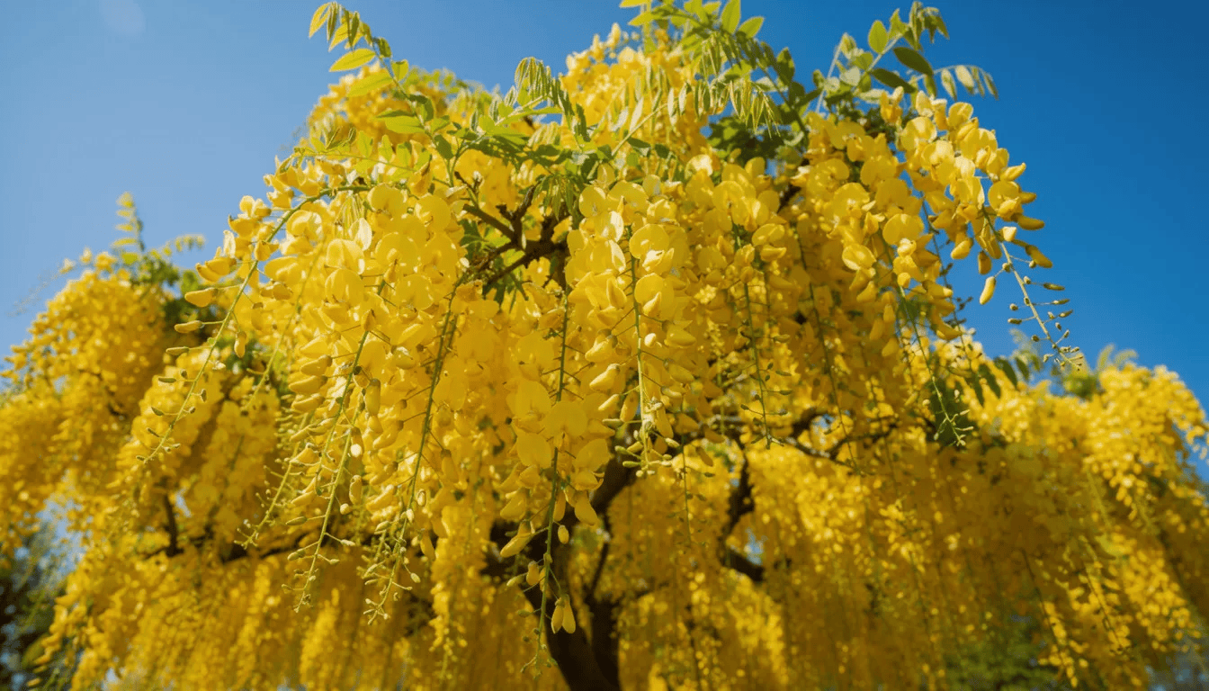 Na zdjęciu widoczne jest drzewo złotokapu w pełnym rozkwicie, pokryte zwisającymi gronami intensywnie żółtych kwiatów, które kontrastują z błękitnym niebem. Roślina ta, znana z pięknego wyglądu, tworzy luźny pokrój i jest często sadzona w ogrodach jako krzew ozdobny.