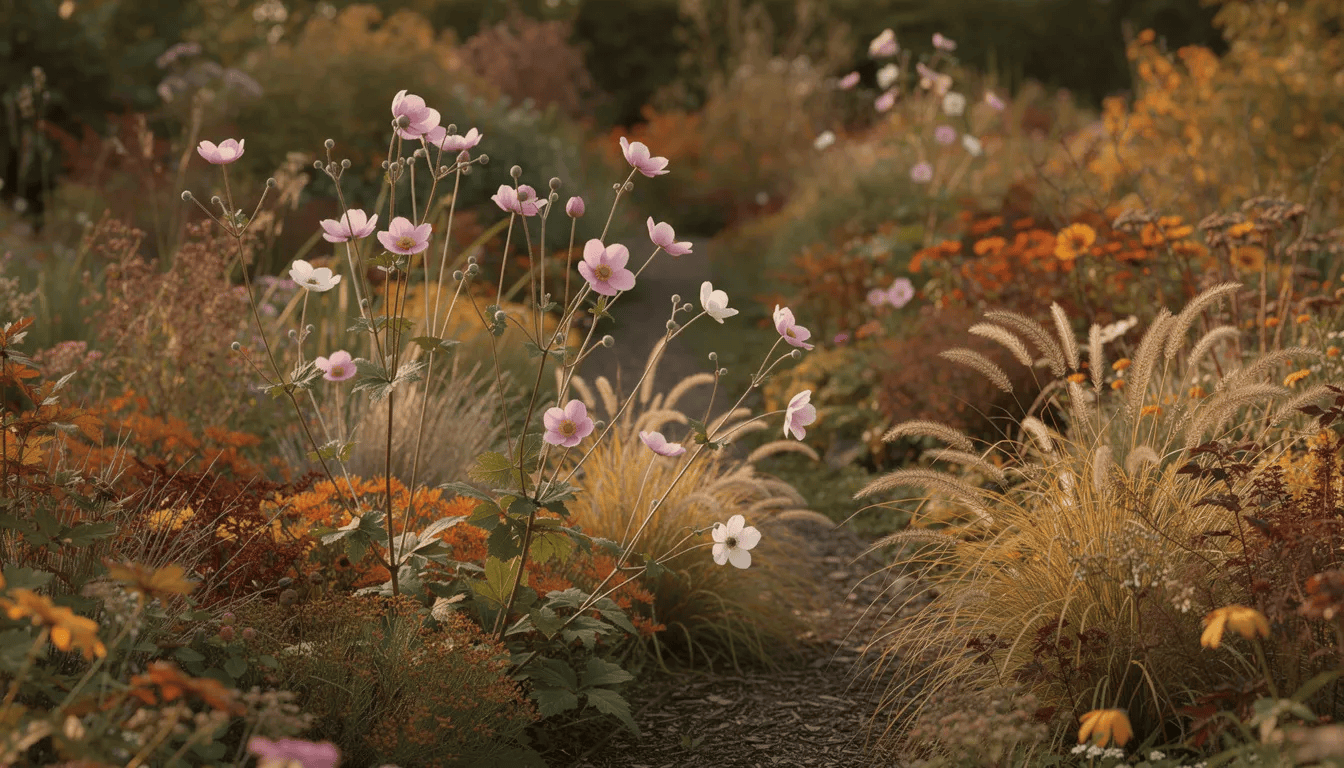 W naturalistycznym ogrodzie w jesiennych barwach rosną wysokie zawilce japońskie, otoczone ozdobnymi trawami i bylinami, tworząc harmonijną kompozycję. Wśród roślin można dostrzec delikatne kwiaty zawilców, które wyróżniają się różnymi kolorami, w tym białym i ciemnoróżowym.