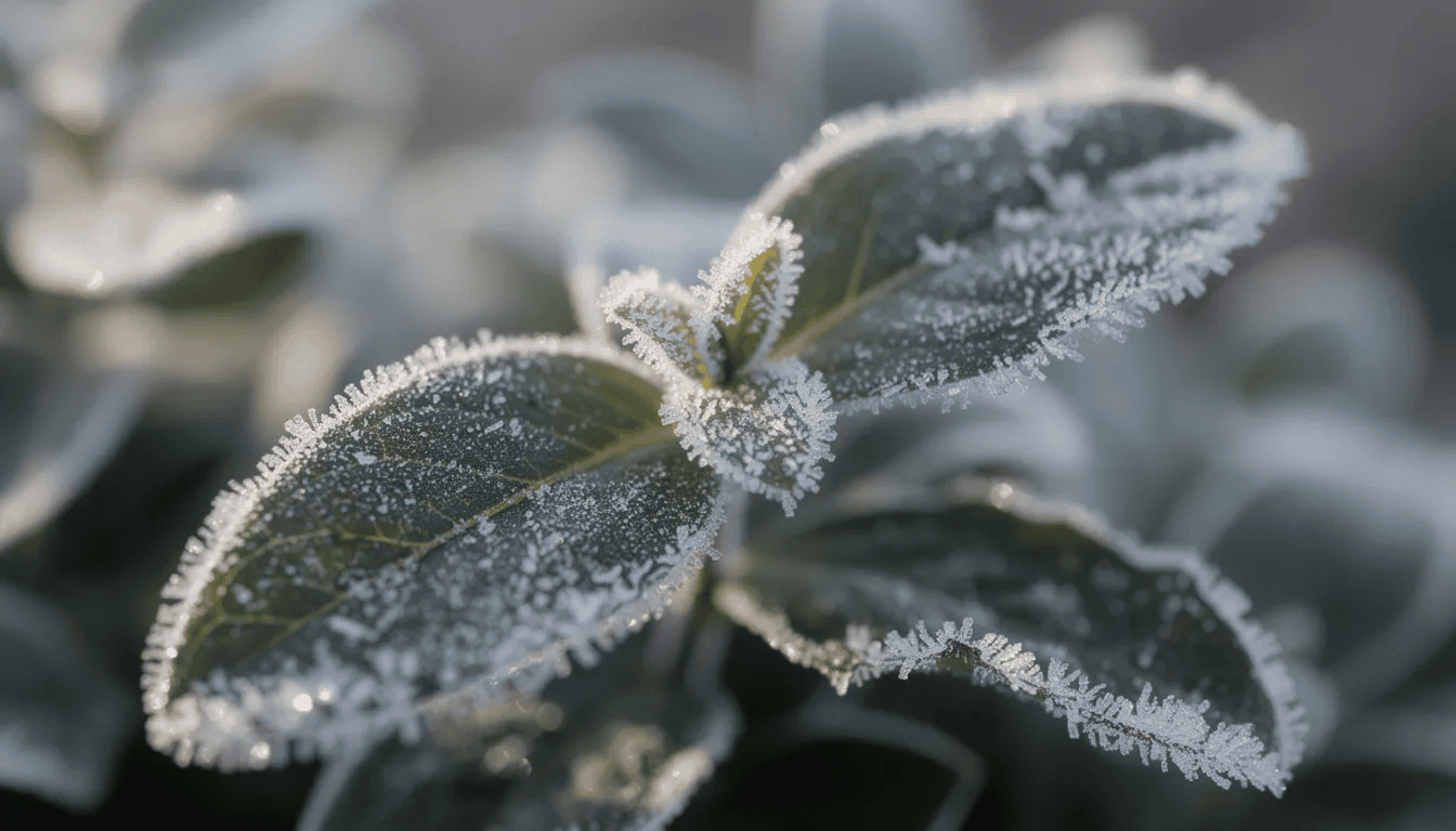 Na zdjęciu widoczne są zimozielone liście barwinka pospolitego, pokryte szronem, co nadaje im elegancki, mroźny wygląd. Roślina ta, popularna jako roślina okrywowa, zachowuje swoją zieloność nawet w zimowe dni.
