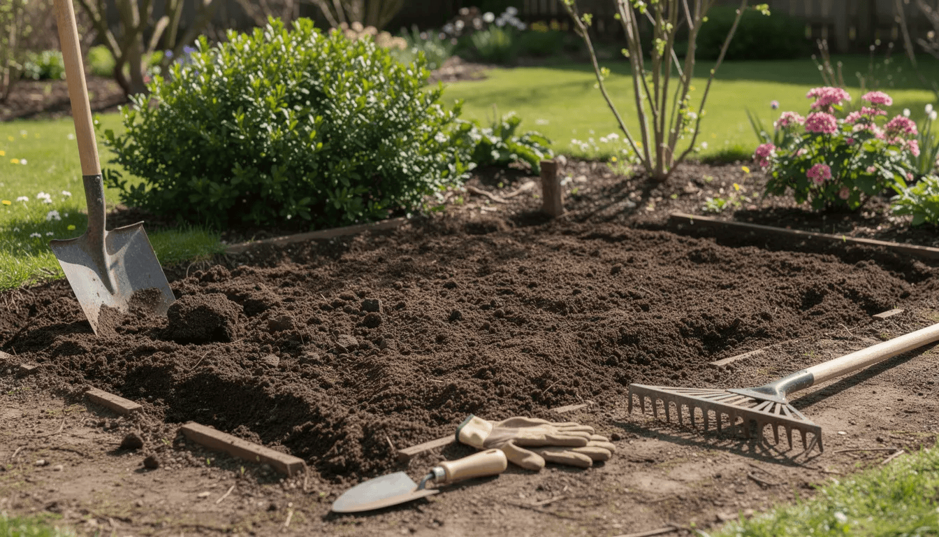 Na zdjęciu widoczne jest przygotowane stanowisko w ogrodzie, gdzie gleba została przekopana, a obok leżą narzędzia ogrodnicze. W tle można dostrzec sadzonki piwonii, które będą sadzone w celu uzyskania obfitego kwitnienia tych pięknych kwiatów.