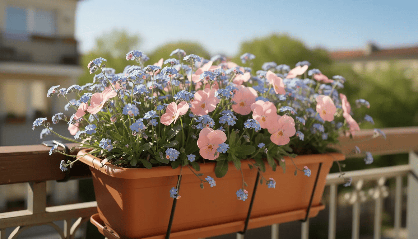 Na słonecznym balkonie znajduje się skrzynka balkonowa wypełniona niebieskimi kwiatami niezapominajek oraz różowymi bratkami, tworząc kolorowy i radosny widok. Kwiaty niezapominajki, takie jak myosotis alpestris, dodają uroku tej przestrzeni, idealnej do relaksu w ciepłe dni.