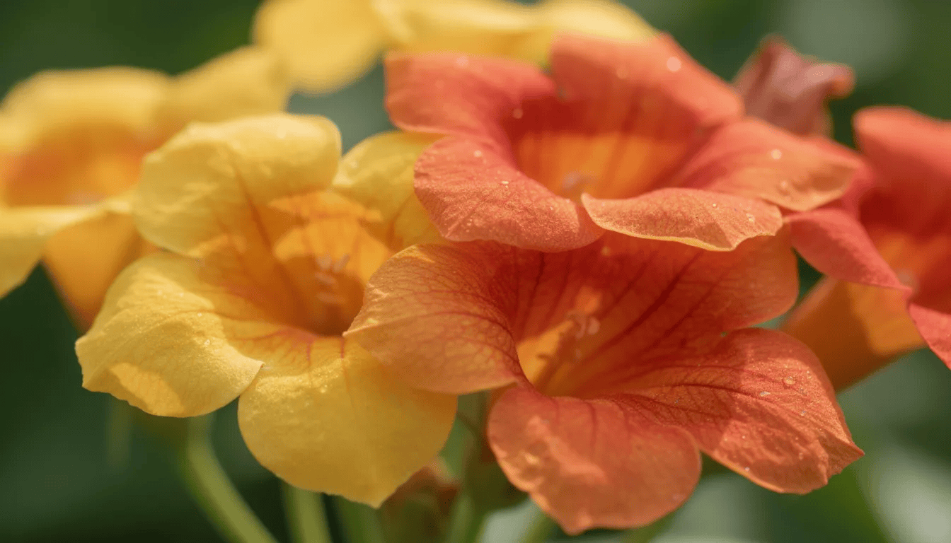 Zbliżenie na trąbkowate kwiaty milinu amerykańskiego w intensywnych kolorach – żółtym, pomarańczowym i czerwonym, które obficie kwitną, prezentując swoje efektowne kształty na tle zielonych liści. Kwiaty te rozwijają się na silnych pędach, tworząc piękne dekoracje w ogrodach.