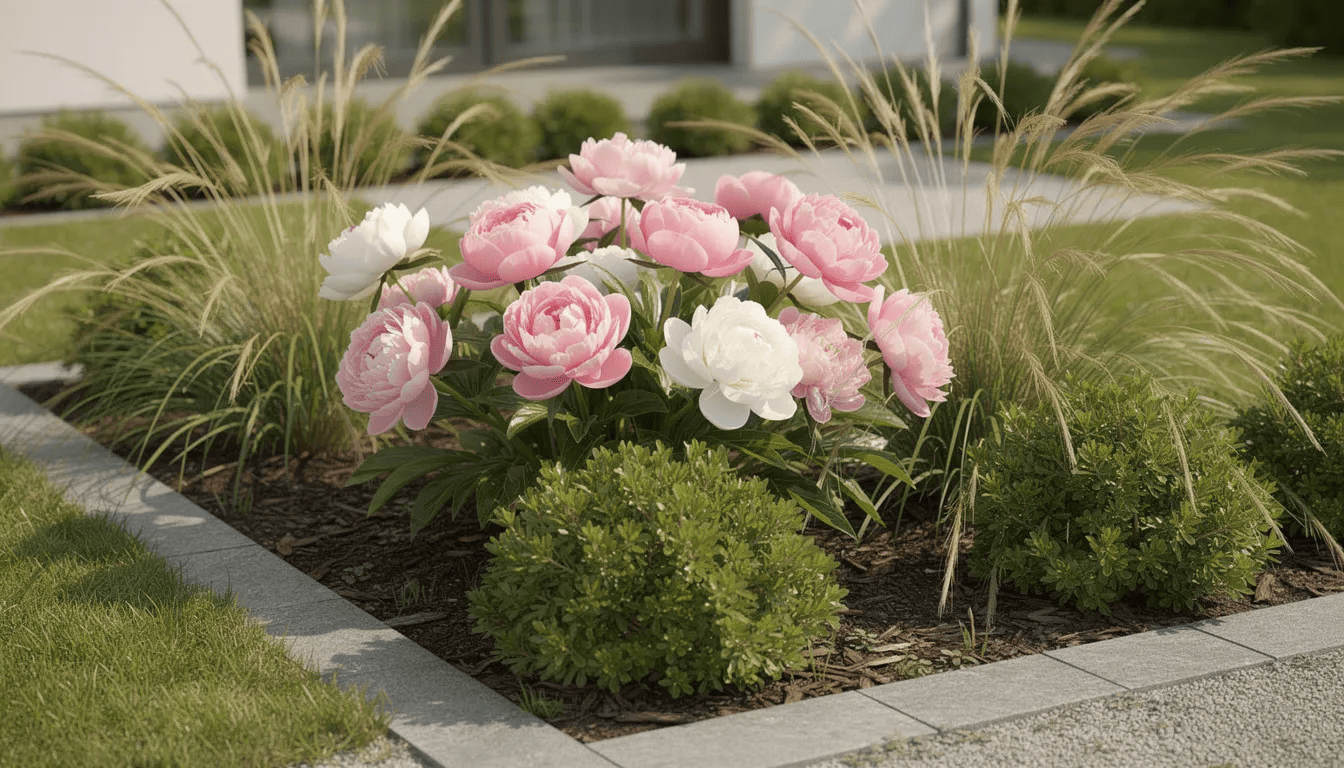 Nowoczesna rabata z piwoniami, wśród których dominują okazałe kwiaty w odcieniach różu, otoczona jest trawami ozdobnymi oraz niskimi krzewami, tworząc harmonijną kompozycję. Kwiaty piwonii, znane z obfitego kwitnienia, przyciągają wzrok swoją urodą i zapachem.