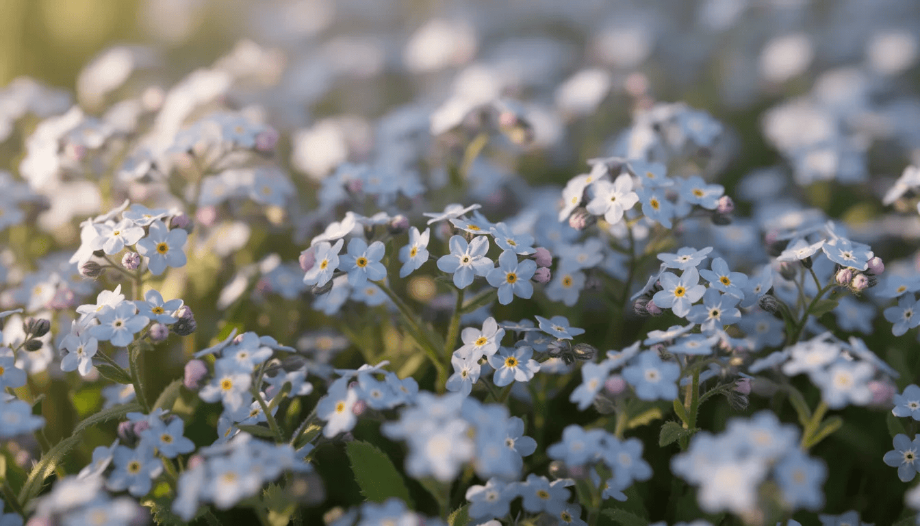 Wiosenny ogród pokryty gęstym kobiercem błękitnych kwiatów niezapominajek, w tym niezapominajki alpejskiej i leśnej, tworzy malowniczy widok. Rośliny te, znane z pięknych niebieskich kwiatów, doskonale sprawdzają się w miejscach słonecznych i półcienistych.