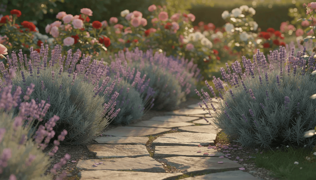 Na zdjęciu widoczna jest lawenda wąskolistna posadzona wzdłuż kamiennej ścieżki ogrodowej, która prowadzi do pięknie kwitnących róż w tle. Kwiaty lawendy mają ciemnofioletowy kolor i emanują przyjemnym zapachem, tworząc harmonijną kompozycję w ogrodzie.