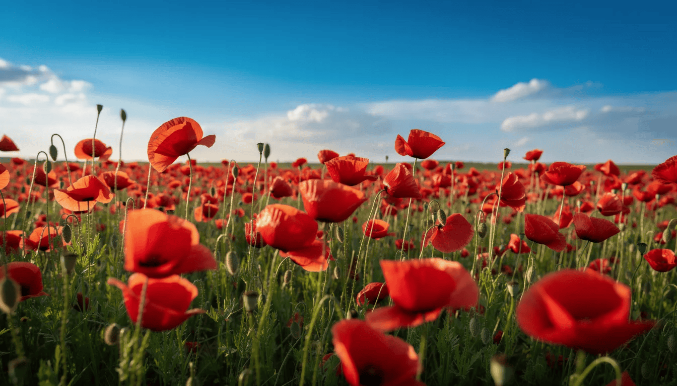 Na obrazie widoczne jest pole czerwonych maków polnych, które kwitną na tle błękitnego nieba. Kwiaty maku o postrzępionych płatkach wyróżniają się intensywną barwą, tworząc malowniczy krajobraz wczesnej wiosny.
