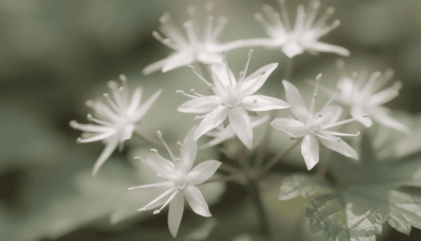 Zbliżenie na delikatne, gwiazdkowate białe kwiaty tiarella cordifolia z długimi pręcikami, otoczone gęstymi, sercowatymi liśćmi. Kwiaty te pojawiają się w cienistych zakątkach ogrodu, tworząc atrakcyjne kompozycje w wilgotnej glebie.