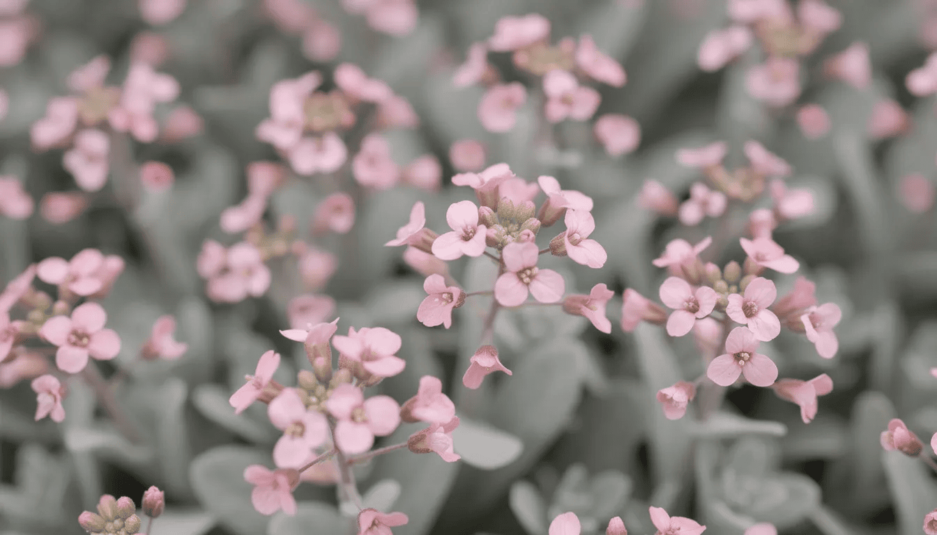Na zdjęciu widać zbliżenie różowych kwiatów gęsiówki kaukaskiej, które wyróżniają się na tle szarozielonych liści. Roślina ta, należąca do rodziny kapustowatych, zachwyca obfitym kwitnieniem wiosną, tworząc piękne kaskady w ogrodach skalnych.