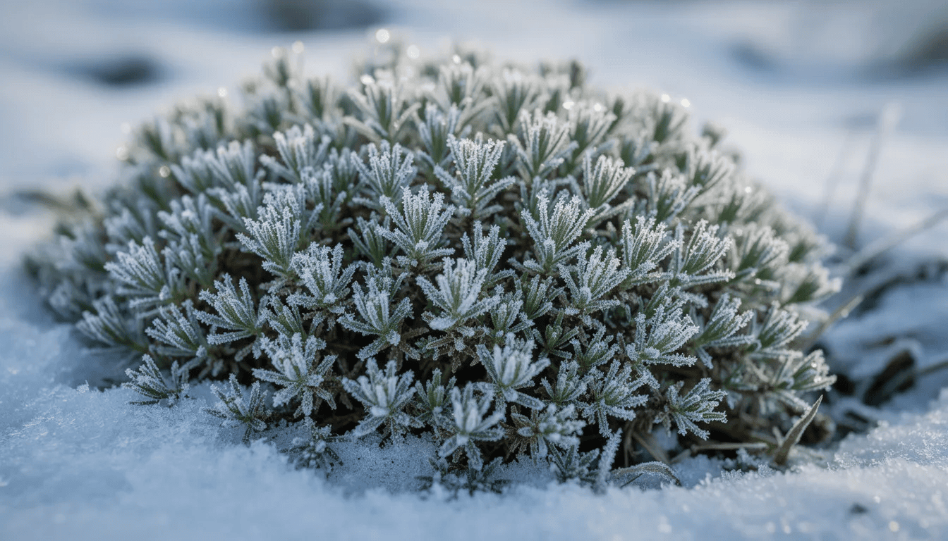 Na obrazie widoczny jest karmnik ościsty zimą, pokryty delikatną warstwą szronu, który dodaje mu uroku. W tle można dostrzec zmarznięte liście oraz drobne rośliny, co tworzy malowniczy zimowy krajobraz.