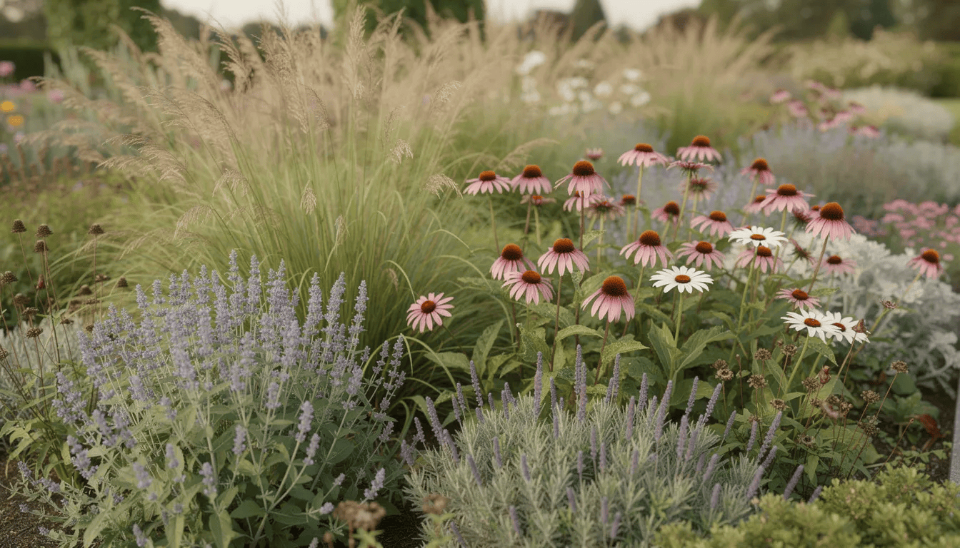 Na rabacie bylinowej w ogrodzie naturalistycznym rosną odmiany kłosowca, jeżówki oraz trawy ozdobne, tworząc zwarte kępy z fioletowymi i niebieskofioletowymi kwiatostanami. Rośliny te przyciągają owady zapylające, takie jak pszczoły i trzmiele, a ich długie kwitnienie trwa całe lato.