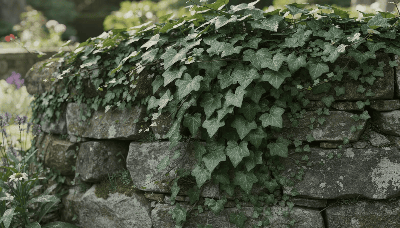 Na zdjęciu widać zielone liście bluszczu pospolitego, pokrywające starą kamienną ścianę w ogrodzie. Roślina ta, znana również jako hedera helix, tworzy efektowną okrywę, dodając uroku i zieleni do otoczenia.