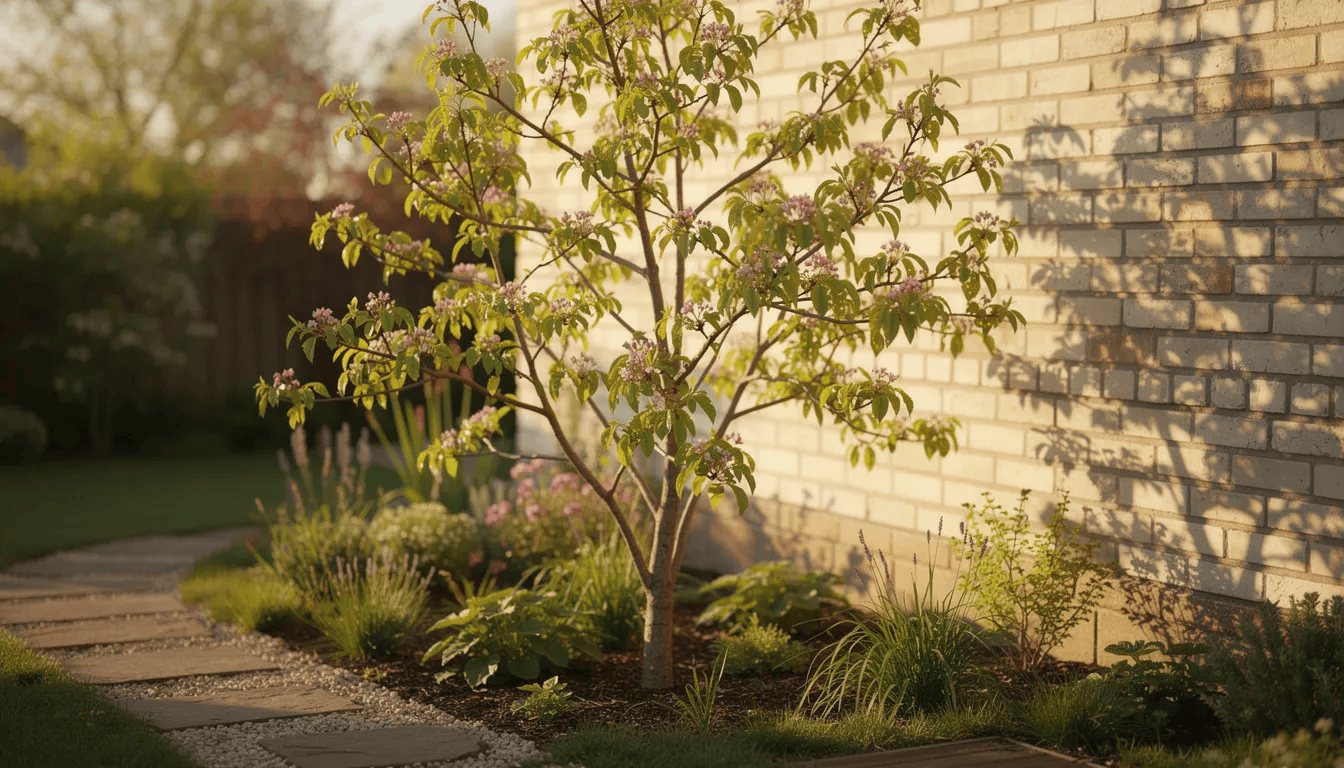 Słoneczny zakątek ogrodu z młodym drzewkiem judaszowca, które ma intensywnie różowe kwiaty i sercowate liście, posadzone przy murze. Roślina ta, znana również jako cercis canadensis, tworzy atrakcyjny pokrój i jest ozdobą wiosennego krajobrazu.
