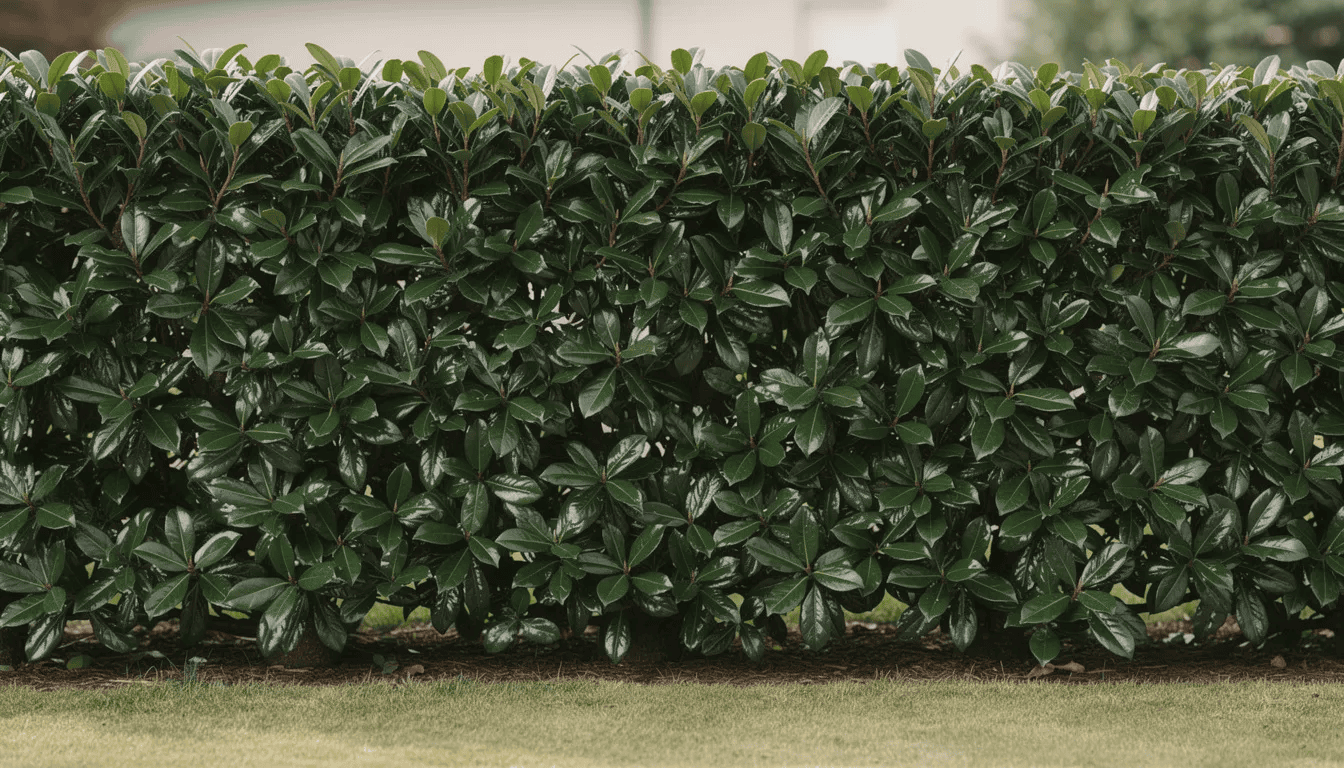 Na obrazku widoczny jest gęsty żywopłot z laurowiśni, charakteryzujący się błyszczącymi, ciemnozielonymi liśćmi, które zachwycają intensywnym odcieniem. Roślina ta, znana z szybkiego wzrostu, doskonale sprawdza się w ogrodzie jako naturalna osłona.