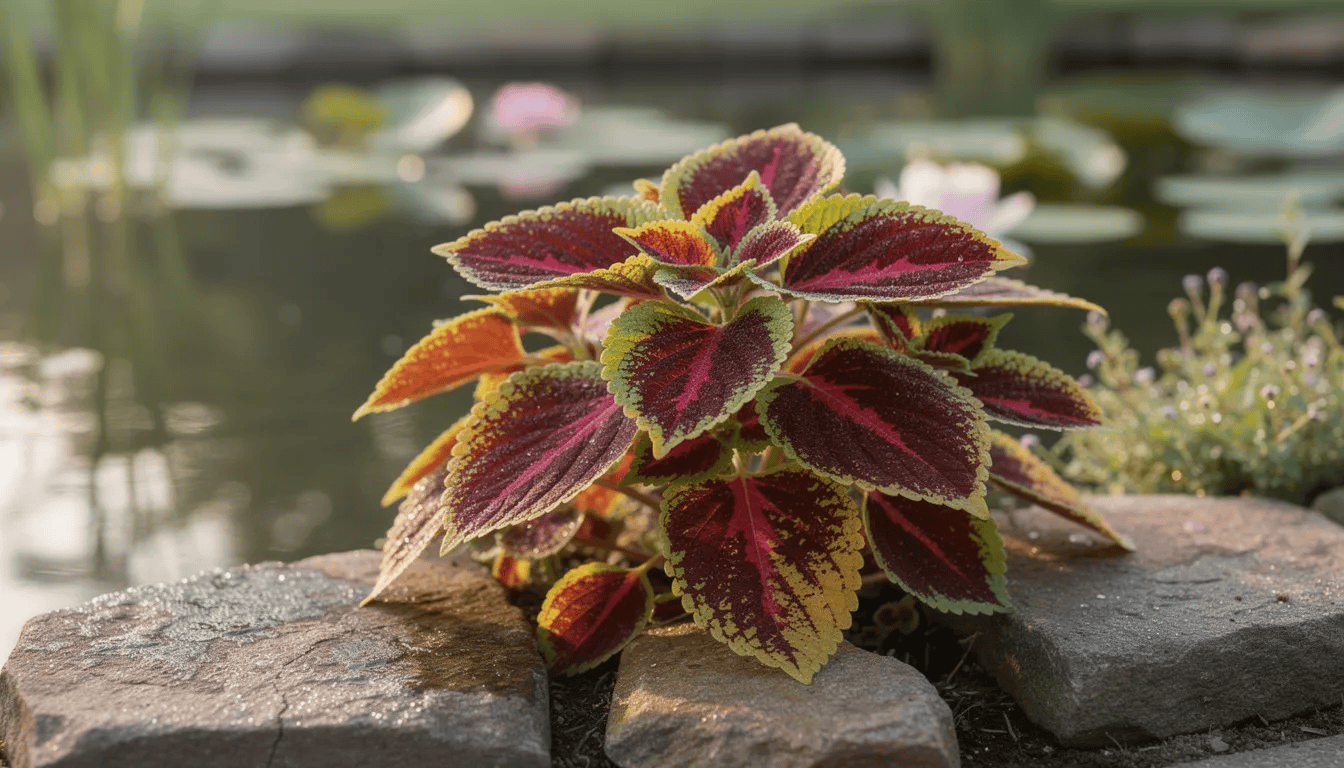 Na brzegu oczka wodnego w ogrodzie rośnie kolorowa pstrolistka sercowata, znana również jako houttuynia cordata. Jej sercowate liście tworzą wielobarwny dywan, który doskonale sprawdza się w wilgotnych warunkach, a roślina ta jest często wykorzystywana jako roślina okrywowa w rabatach bylinowych.