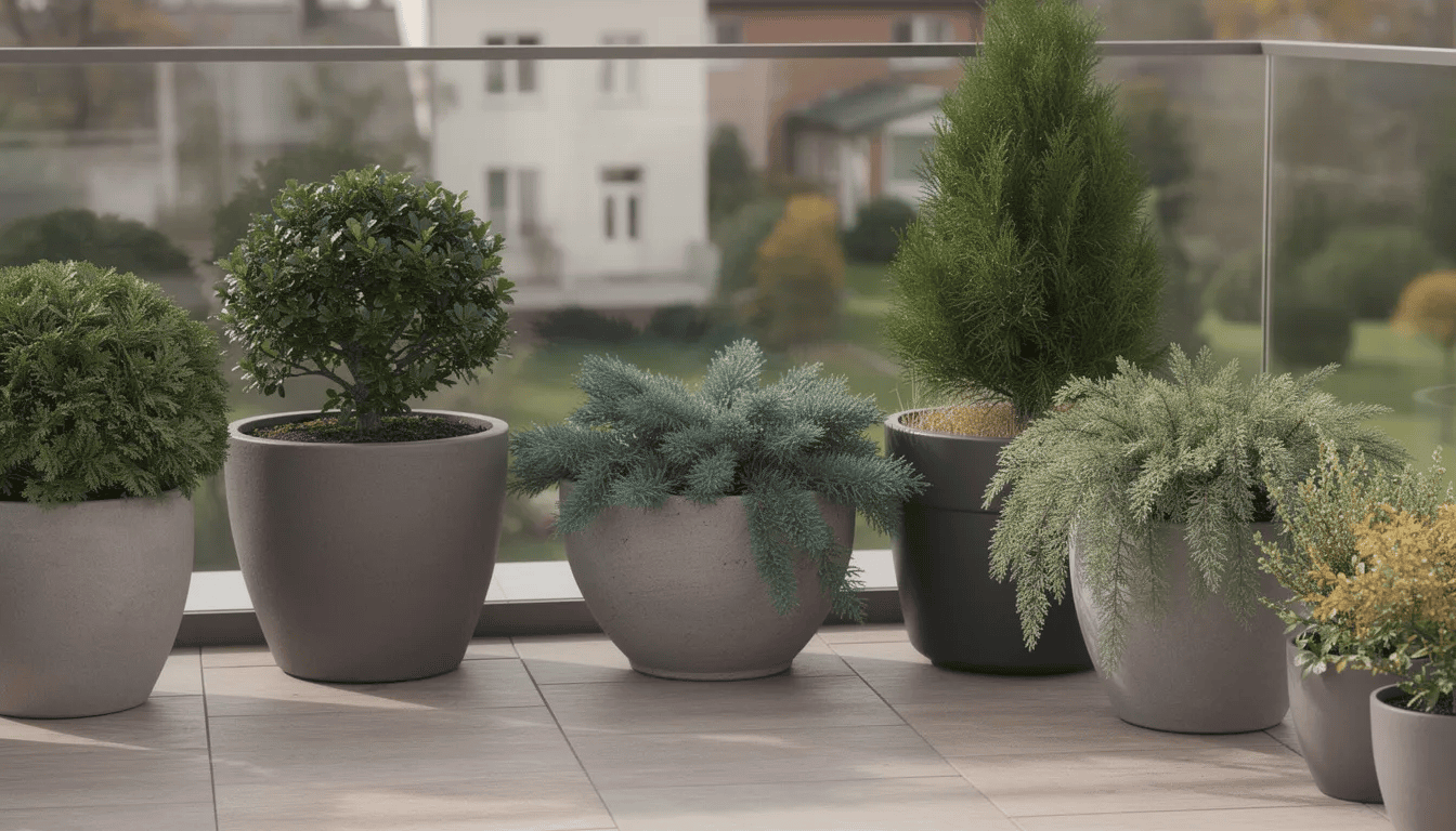 Na tarasie znajdują się donice z różnymi krzewami iglastymi, takimi jak tuje i jałowce, które charakteryzują się stożkowym pokrojem oraz gęstymi igłami. Rośliny te są odporne na niskie temperatury i stanowią piękny element dekoracyjny, który zachwyca przez cały sezon.