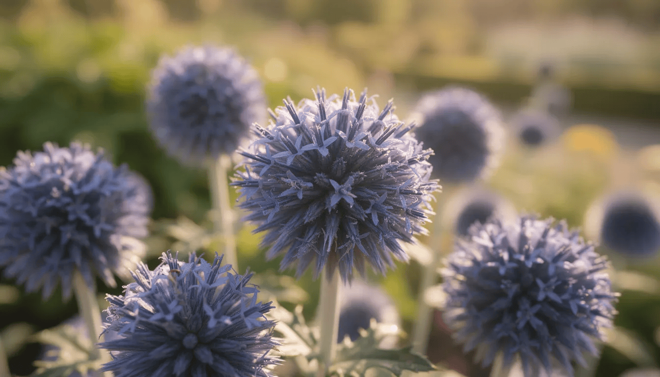 Na zdjęciu widoczne są kuliste, niebieskie kwiatostany przegorzanu kulistego, wyrastające na tle słonecznej rabaty ogrodowej. Kwiatostany mają około 10 cm średnicy i tworzą efektowny akcent w kompozycji z innymi bylinami w ogrodzie.