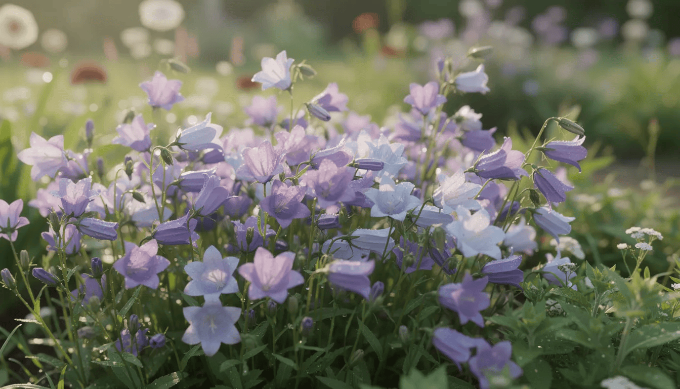 Na kolorowej rabacie ogrodowej znajdują się kwitnące dzwonki w różnych odcieniach fioletu i błękitu, które przyciągają pszczoły i motyle. Rośliny te, reprezentujące rodziny dzwonkowatych, tworzą piękne kwiatostany o kształcie dzwonków, idealne do ogrodów skalnych oraz miejsc słonecznych.