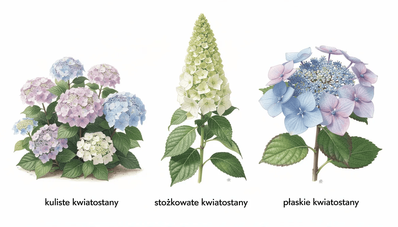 Na obrazie przedstawiono porównanie różnych gatunków hortensji, ukazując kuliste, stożkowate i płaskie kwiatostany. Widać bujne kwitnienie tych roślin, które charakteryzują się okazałymi kwiatami w różnych kolorach, co podkreśla ich urok jako krzewów ozdobnych w ogrodzie.