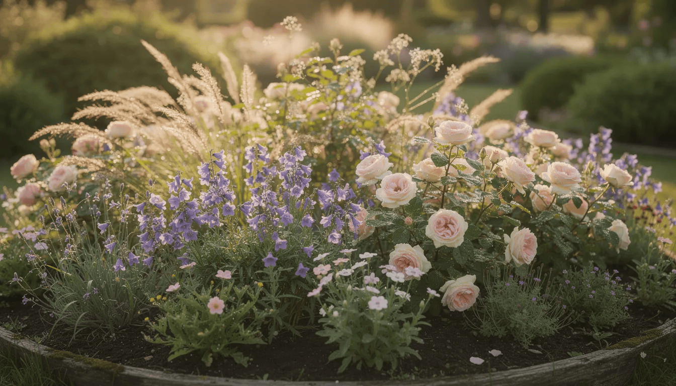 Romantyczna rabata ogrodowa z dzwonkami, różami i trawami ozdobnymi, pełna kolorowych kwiatów, w tym niebiesko-fioletowych dzwonków, które przyciągają pszczoły i motyle. Rośliny te rosną w słonecznych miejscach, tworząc malowniczy widok w ogrodzie, szczególnie wczesną wiosną i jesienią.