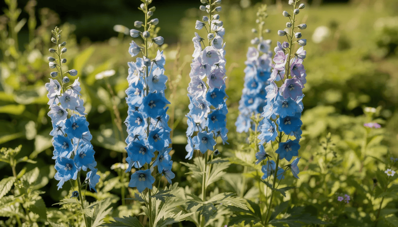 Na zdjęciu widoczne są wysokie, niebieskie kwiatostany ostróżek, które wspaniale kontrastują z zielonym ogrodem w pełnym słońcu. Kwiaty te, należące do rodziny jaskrowatych, tworzą okazałe, strzeliste kwiatostany, które przyciągają wzrok w rabacie kwiatowej.