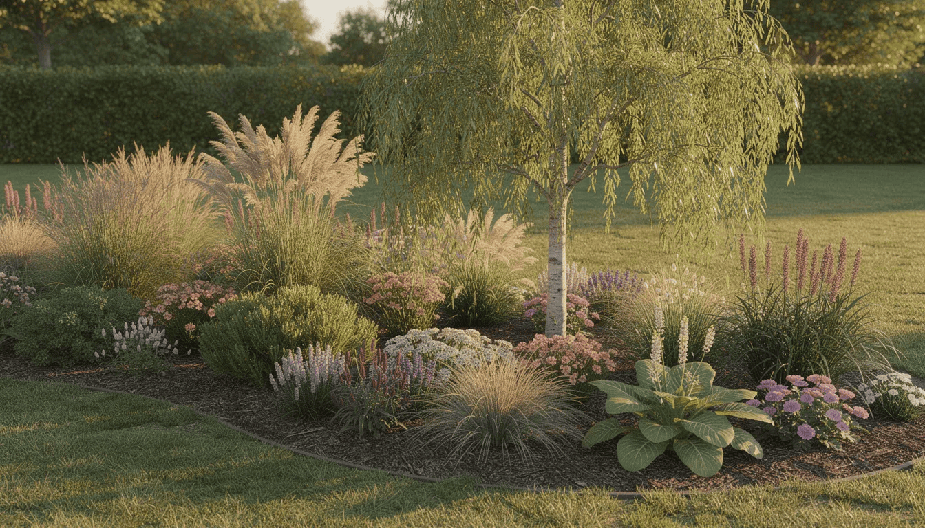 Na obrazie znajduje się kompozycja ogrodowa z wierzba na pniu, otoczona bylinami i trawami ozdobnymi. W centrum uwagi widać piękne liście wierzby, które harmonijnie współgrają z kolorowymi pędami roślin towarzyszących, tworząc malowniczy krajobraz w przydomowym ogrodzie.