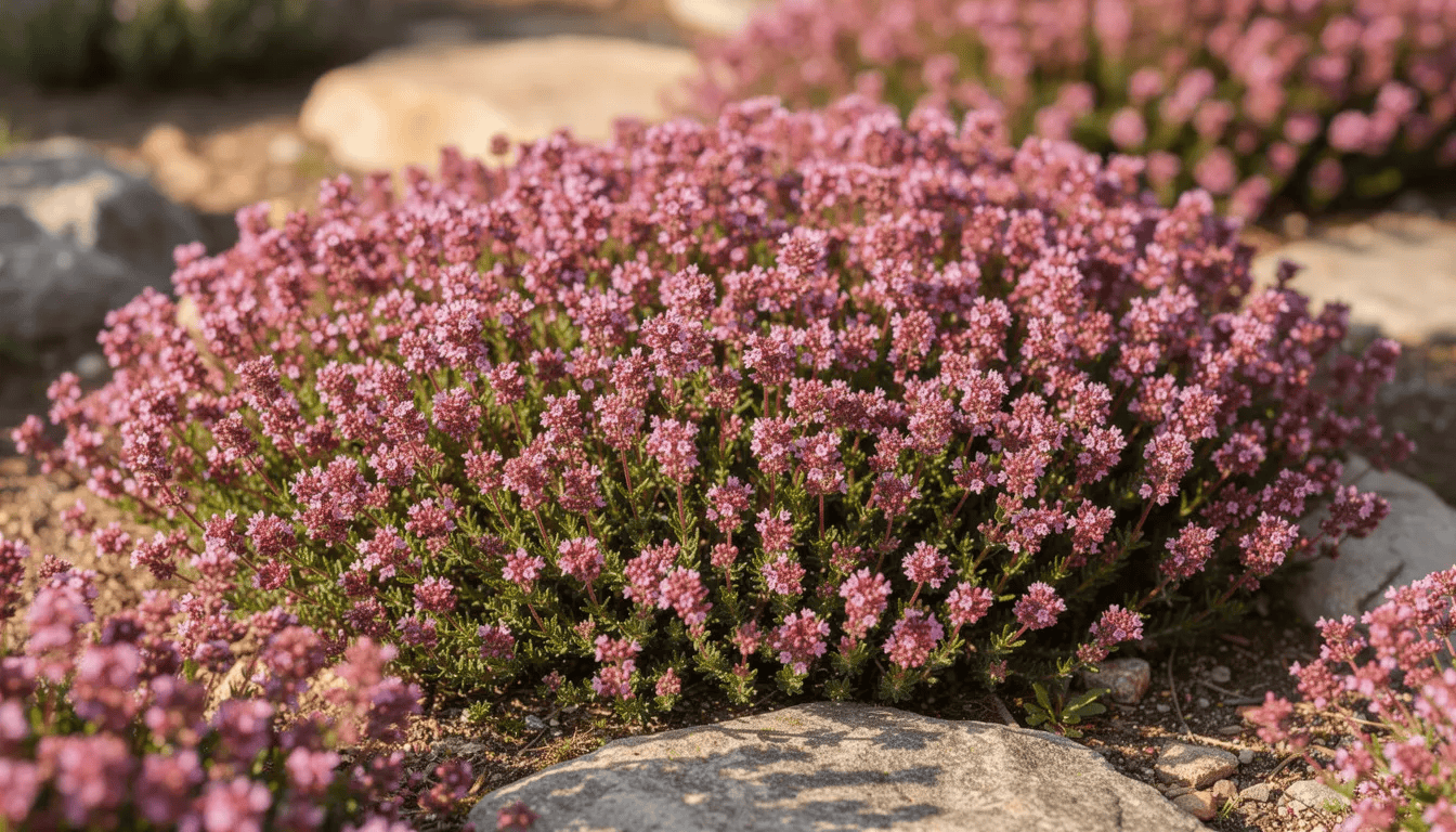Na kamienistym podłożu w słonecznym ogrodzie rozpościera się różowo-fioletowy dywan kwitnącej macierzanki, znanej z obfitego kwitnienia i właściwości leczniczych. Roślina ta, będąca popularnym gatunkiem w ogrodach skalnych, tworzy niskie kępki i jest doskonałym wyborem na stanowiska słoneczne.