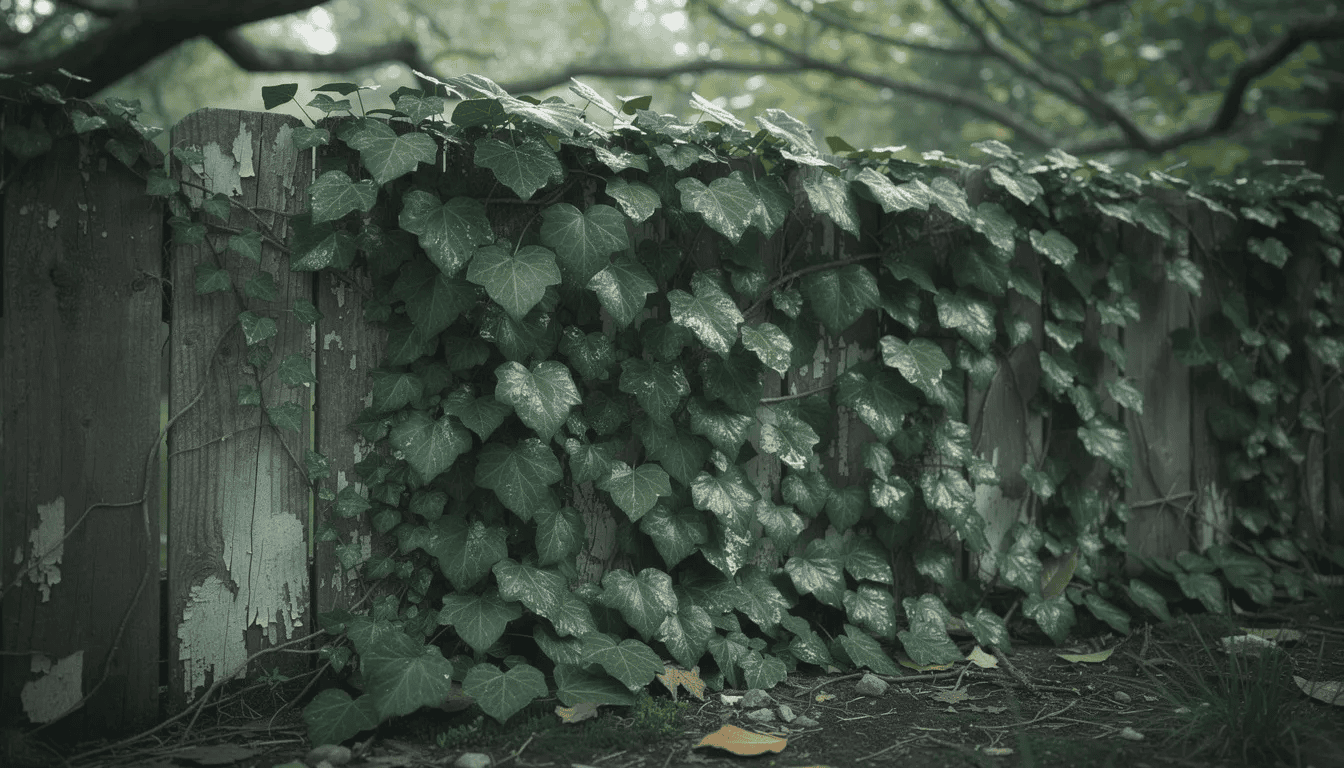 Na zdjęciu widoczny jest bluszcz pospolity, który gęsto pokrywa drewniane ogrodzenie w zacienionym ogrodzie. Jego jasnozielone liście tworzą efektowną, ozdobną roślinność, nadając miejsce przytulny i naturalny wygląd.