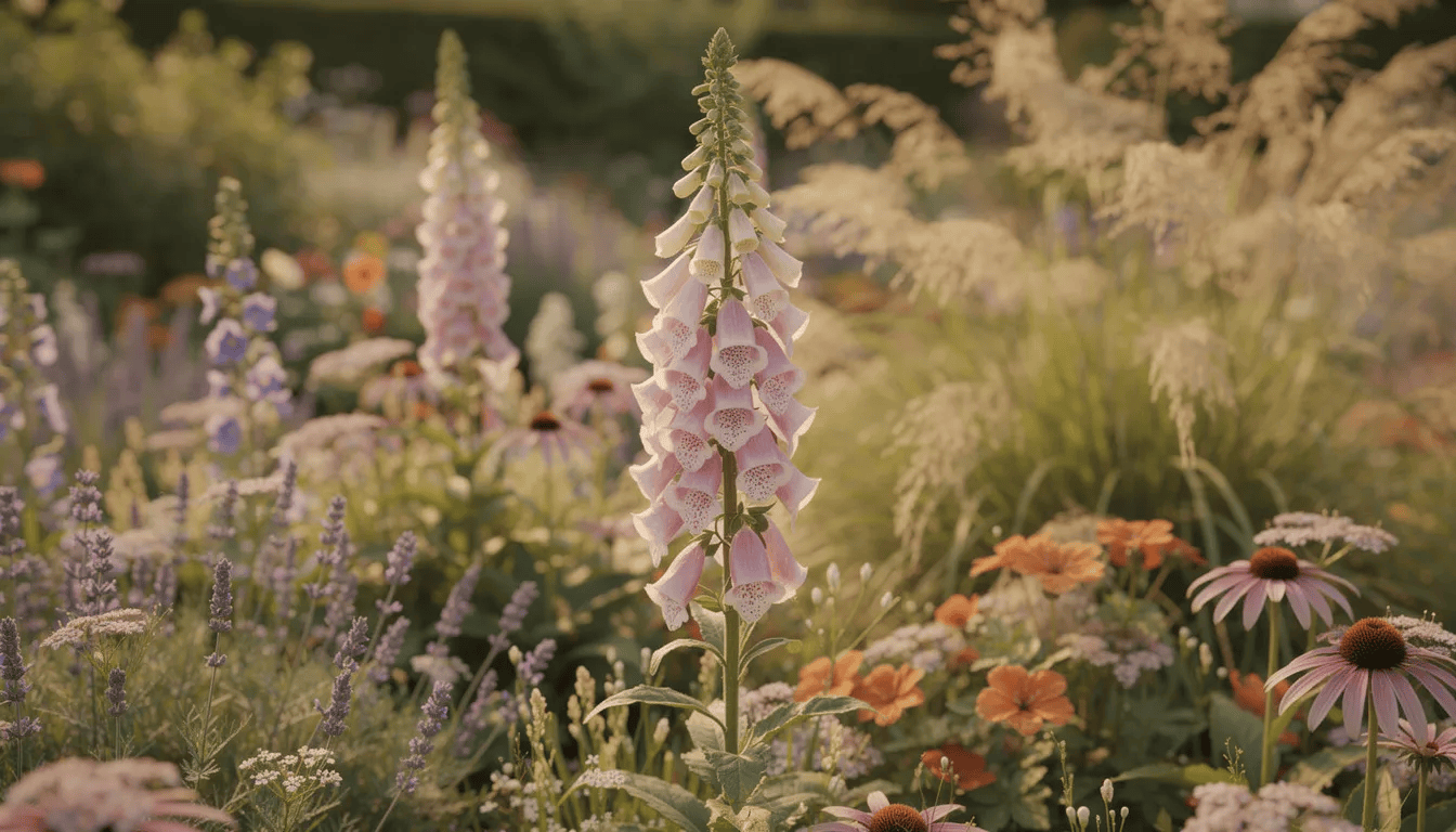Na obrazku widoczna jest naparstnica purpurowa w angielskim ogrodzie, otoczona różnorodnymi bylinami oraz ozdobnymi trawami. Roślina ta, znana z pięknych kwiatostanów, rośnie w umiarkowanie wilgotnej glebie, a jej strzeliste pędy kwiatostanowe przyciągają pszczoły i trzmiele.