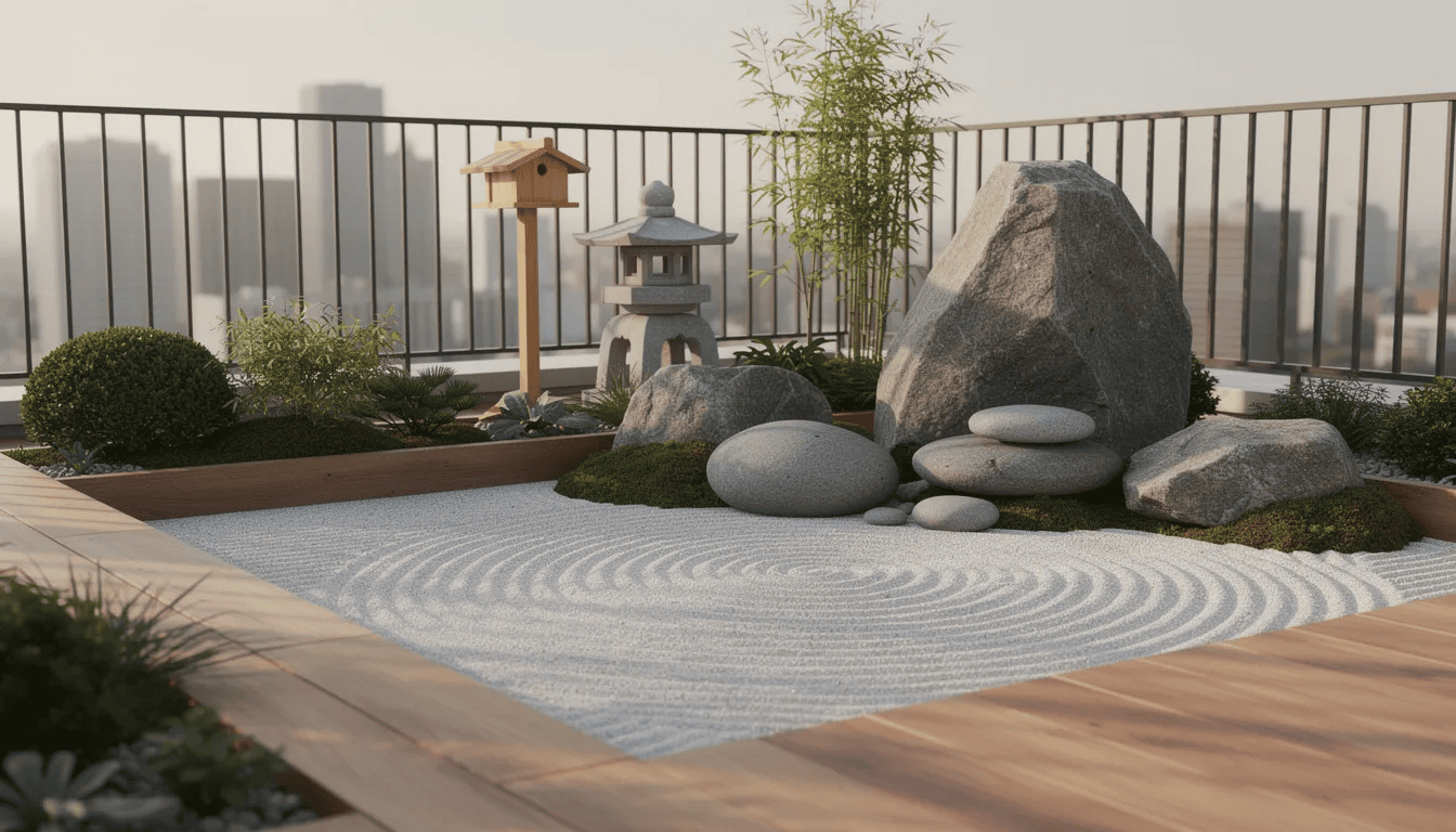 Na tarasie znajduje się mały japoński ogród, w którym umieszczono karmnik ościsty otoczony żwirem i kamieniami. Ogród charakteryzuje się starannie ułożonymi elementami, które tworzą harmonijną przestrzeń do relaksu.