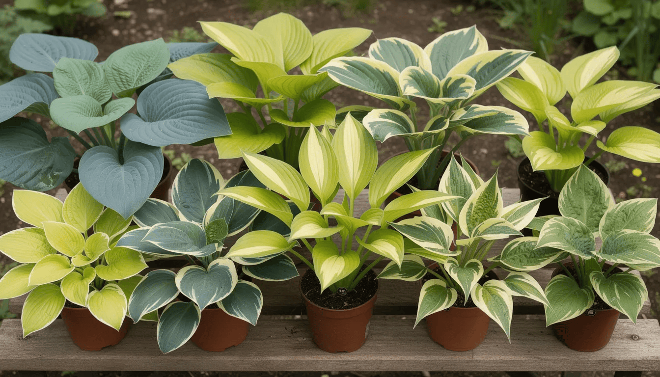 Na zdjęciu znajduje się kolekcja różnych odmian funkii w doniczkach, prezentująca bogactwo kolorów i kształtów liści, w tym ciemnozielone, żółto-zielone oraz liście z białym obrzeżeniem. Rośliny te tworzą zwarte kępy, co sprawia, że są atrakcyjnym elementem dekoracyjnym w ogrodach naturalistycznych oraz w cienistych zakątkach.