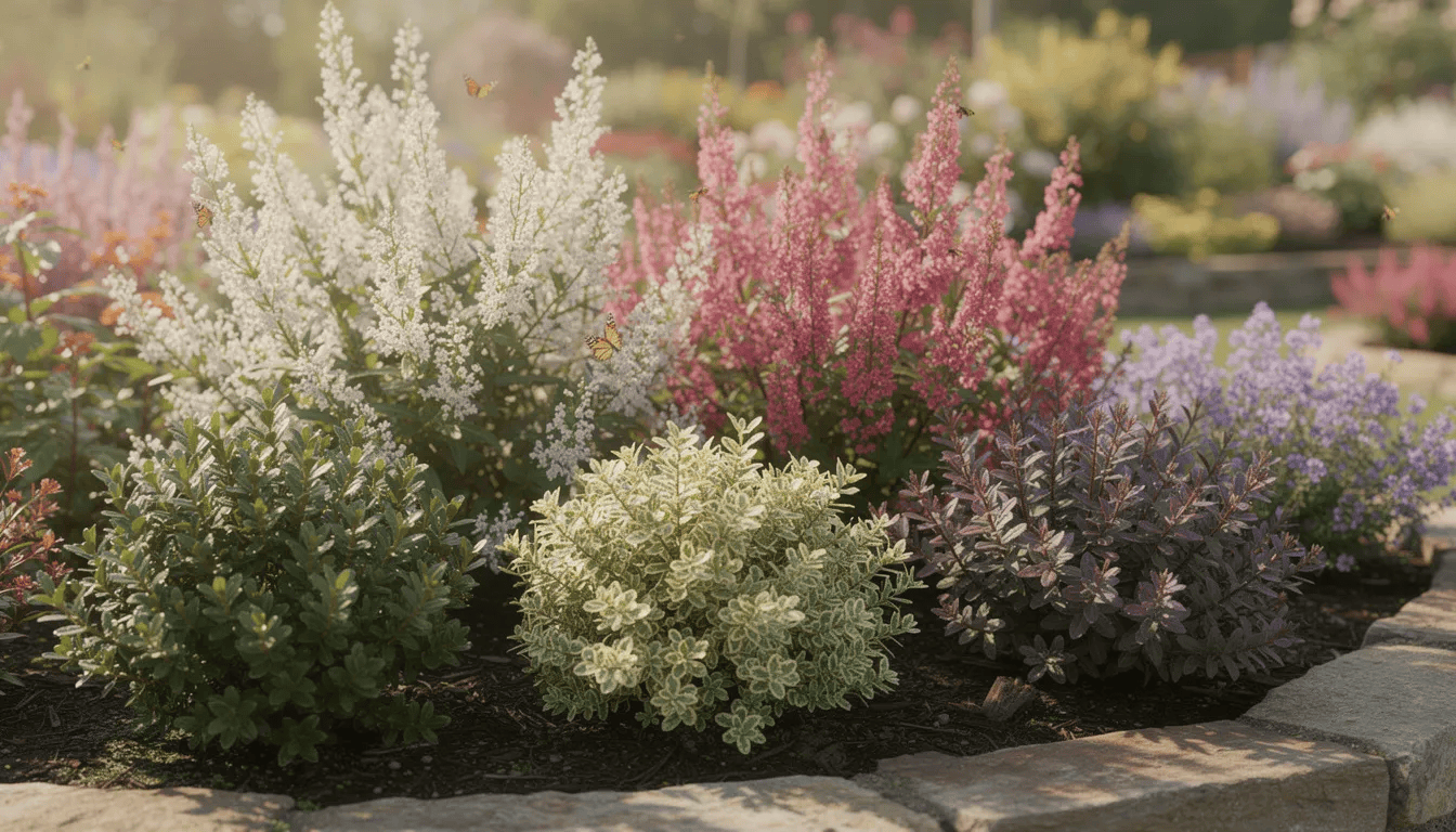 W ogrodzie prezentowane są różne odmiany hebe, które zachwycają różnorodnością kolorów liści i kwiatów. Wśród roślin można zauważyć hebe pinguifolia oraz hebe ochracea, które tworzą zimozielone krzewinki o błyszczących liściach i intensywnych kwiatostanach.