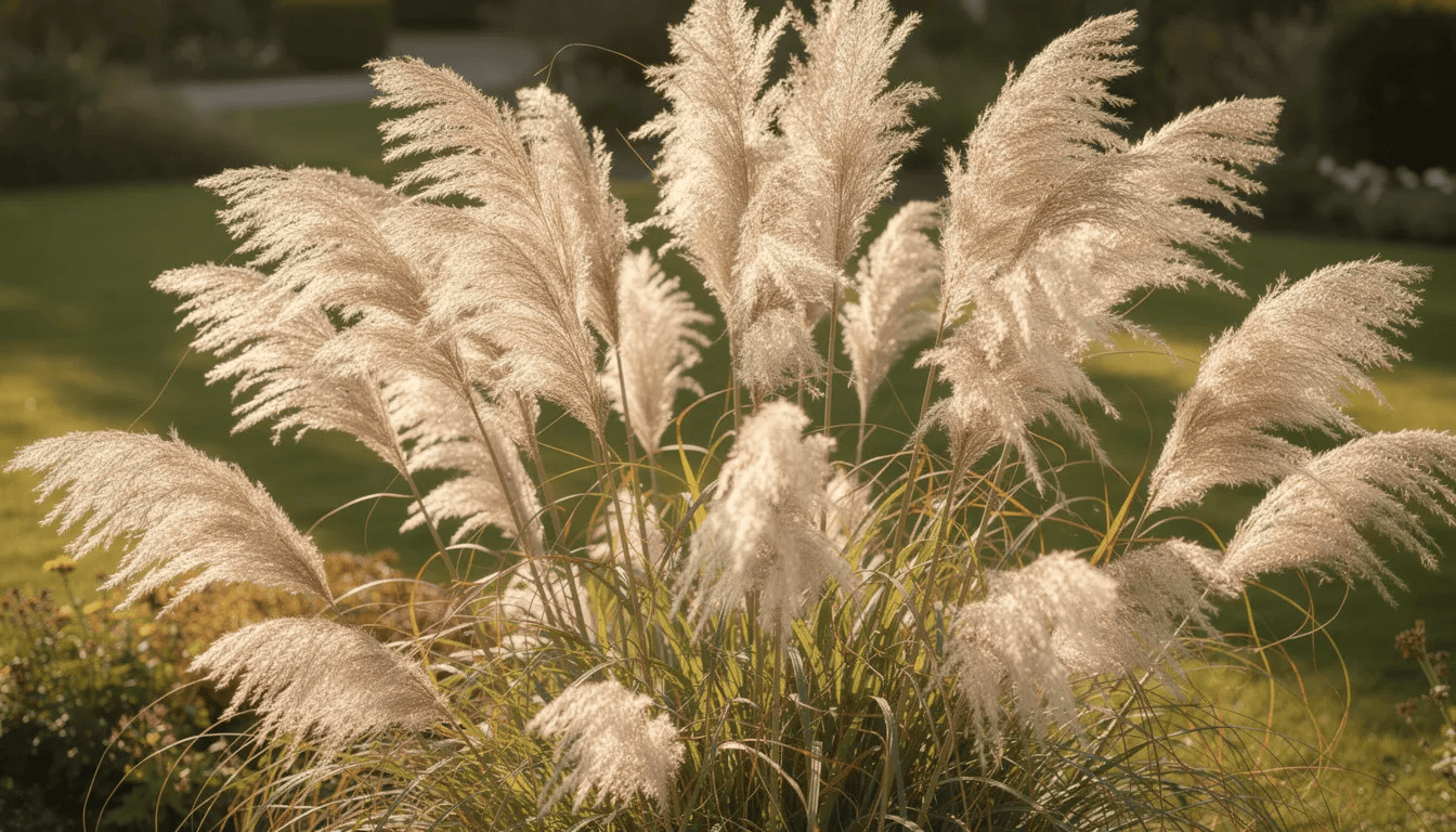 Na obrazie widoczna jest duża kępa trawy pampasowej, której kremowobiałe pióropusze kołyszą się na wietrze w słonecznym ogrodzie. Roślina ta charakteryzuje się eleganckim wyglądem i obfitym kwitnieniem, co nadaje ogrodowi niepowtarzalnego charakteru.