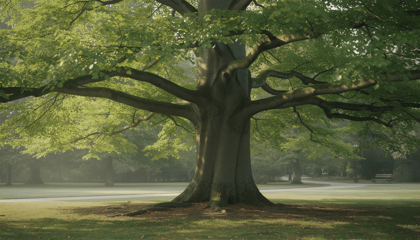 Na obrazku widoczny jest majestatyczny buk pospolity, drzewo liściaste o rozłożystej koronie i gładkiej, szarej korze, rosnące w parku. Jego potężne konary są pokryte ciemnoczerwonymi liśćmi, które jesienią przebarwiają się na żółto, tworząc malowniczy widok wśród promieni słonecznych.